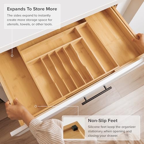 Premium Silverware, Flatware and Utensil Organizer for Kitchen Drawers, Food-Safe Contract Grade, Expandable from 18 to 33 In, Natural Bamboo-Ruum Studio Home