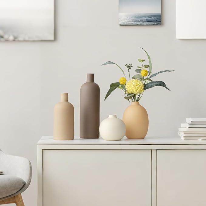 Modern Ceramic Vase Set, Neutral Colors, Decorative Vases for Home Shelf Decor, 4 Piece Collection (Coffee Mix Set 4)-Ruum Studio Home