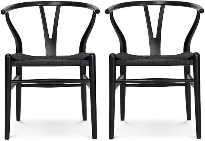Wishbone Chair, Solid Wood Armrest Woven Seat Chair, Kitchen & Dining Chair, Wishbone Y Black Chairs - Set of 2 (Ash Wood - Black)-Ruum Studio Home