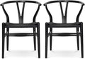 Wishbone Chair, Solid Wood Armrest Woven Seat Chair, Kitchen & Dining Chair, Wishbone Y Black Chairs - Set of 2 (Ash Wood - Black)-Ruum Studio Home