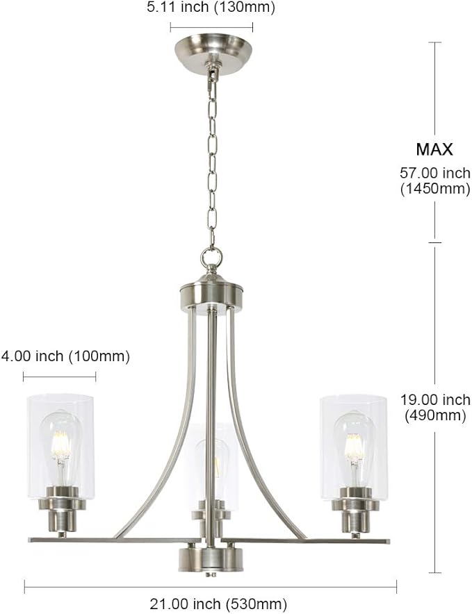 BONLICHT Contemporary Chandelier 3 Light Brushed Nickel Modern Lighting Fixtures Hanging Clear Glass Shades Pendant Light Classic Ceiling Lamp for Kitchen Dinging Room Living Room Bedroom Hallway-Ruum Studio Home