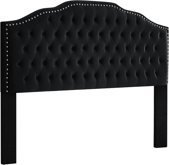 24KF Upholstered Button Tufted King Size Headboard with Nailhead Trim, Soft Velvet Fabric Headboard King/Cal King Size-Black-Ruum Studio Home