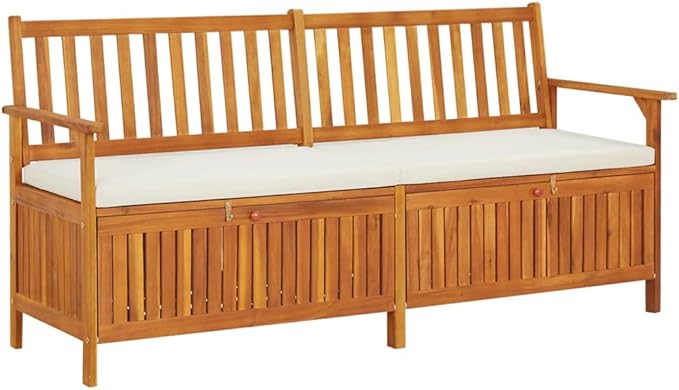 vidaXL Solid Acacia Wood Storage Bench with Cushion- Brown & Cream White, Indoor-Outdoor Versatile Bench with Ample Storage, Comfortable Padded Cushion Included-Ruum Studio Home