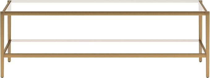 Henn&Hart 54" Wide Rectangular Coffee Table with Glass Shelf in Antique Brass, Modern coffee tables for living room, studio apartment essentials-Ruum Studio Home