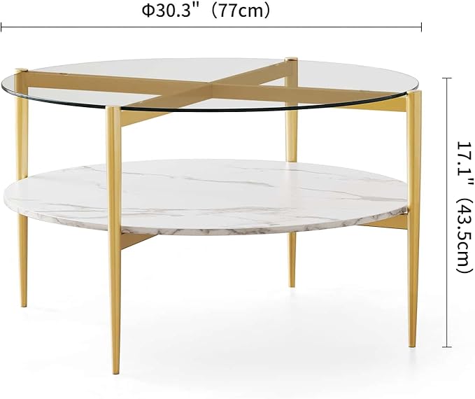 Round Coffee Table for Living Room, Mid-Century Modern Design, D30 x H17, 2-Tier Structure, Clear Glass Top and White Marble Finish Wood Shelf, Sleek Conical Metal Legs with Gold Finish Frame-Ruum Studio Home