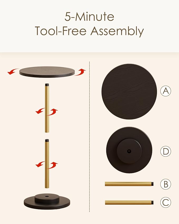 Masupu Drink Table, Round Side Table for Small Spaces, Pedestal Side Table, Small End Table with Metal Base, for Living Room, Bedroom, Bathroom, Black Gold-Ruum Studio Home