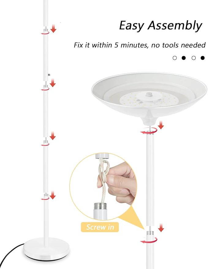 BoostArea Torchiere Floor Lamp, 30W Super Bright LED Standing Lamp, 3000K Stepless Dimmable Pole Lamp with Rotary Switch, 70 Inch Tall Metal Modern White Floor lamp for Living Room/Bedroom/Office/Den-Ruum Studio Home