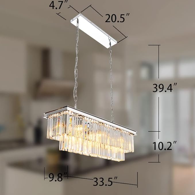 Luxury Chrome Rectangular Crystal Chandeliers Lighting Modern Pendant Ceiling Lights Rectangle Chandelier Lamp Fixture 8-Lights for Dining Room Kitchen Island-Ruum Studio Home