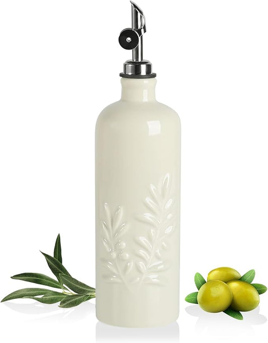 Sweejar 18 Oz Oil Dispenser for Kitchen with Gravity Spout, Ceramic Olive Oil Dispenser Bottle, Relief Opaque Vinegar Container for Evoo, Vinegar, Soy Sauce, Pack of 1(Beige, Silver Spout)-Ruum Studio Home