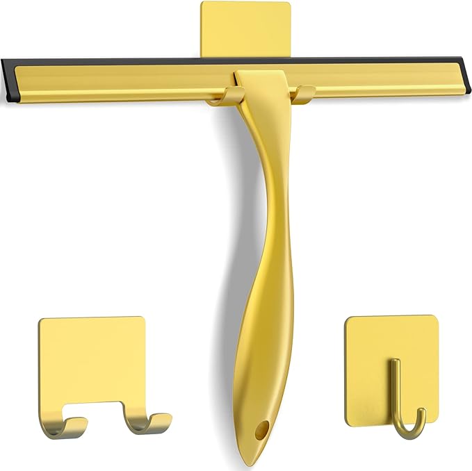 All-Purpose Stainless Steel Shower Squeegee for Shower Doors with 2 Adhesive Hooks, Bathroom Cleaner Tool Household Window Mirror Squeegee for Home Cleaning, Glass Door, Tile Wall, Car, 12 Inch Golden-Ruum Studio Home