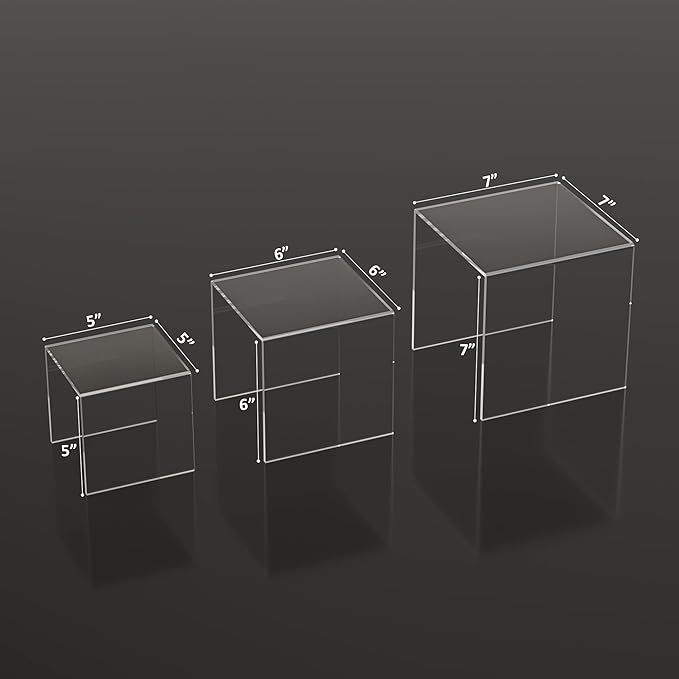 Clear Acrylic Risers 3 pcs, Square Acrylic Food Display Stands Tabletop, Display Shelf for Vendors, Collectibles, Funko Pop, Food, Glasses, Perfume, Small Plants - 5''x6''x7''-Ruum Studio Home
