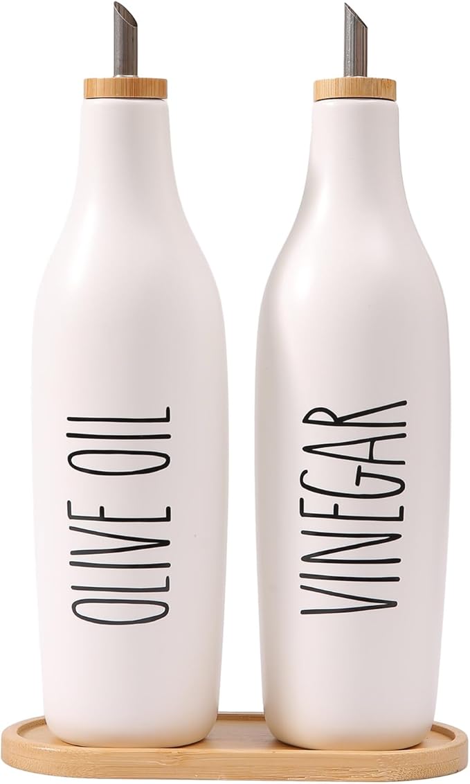 HOMCDALY Olive Oil and Vinegar Dispenser Set, 16oz Ceramic Oil Dispenser for Kitchen, Kitchen Dispenser Bottle for EVOO Vinegar Syrups, Modern Farmhouse Design | Set of 2 – P-White-Ruum Studio Home