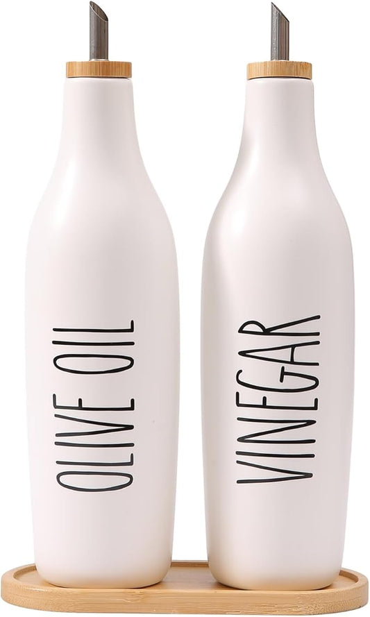 HOMCDALY Olive Oil and Vinegar Dispenser Set, 16oz Ceramic Oil Dispenser for Kitchen, Kitchen Dispenser Bottle for EVOO Vinegar Syrups, Modern Farmhouse Design | Set of 2 – P-White-Ruum Studio Home