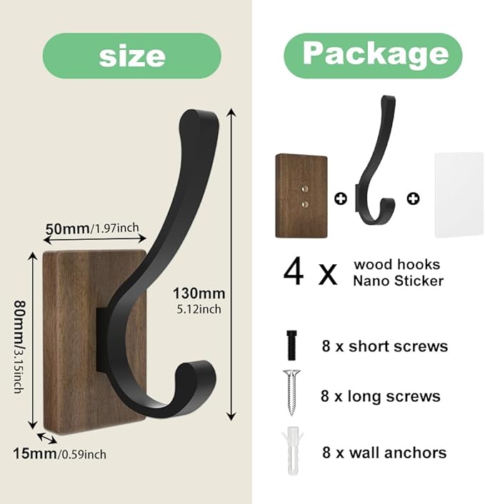 Wood Wall Hooks for Hanging - 4 Pack Hooks Wall Mounted, Wooden Rustic Farmhouse Heavy Duty Towel Hooks, Hooks for Coats, Towel, Hat, Keys, Purse, Bag and Robe-Ruum Studio Home
