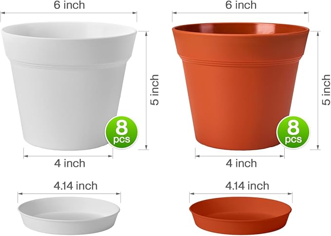 homenote Plant Pots,6 Inch Flower Pots for Plants Plastic Planters for Indoor with Multiple Drainage Holes and Trays, for All Home Garden Flowers Succulents,Outdoor(White&Red,16 Pack)-Ruum Studio Home