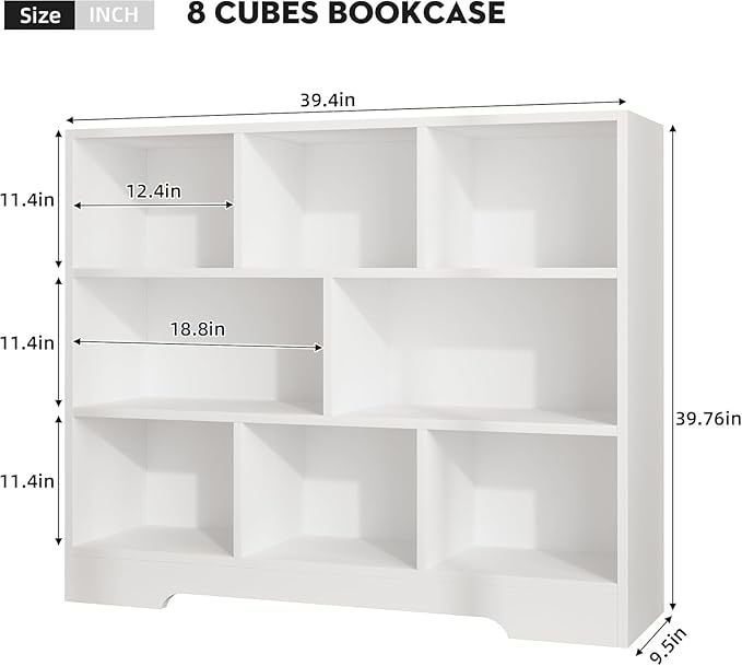 Book Shelf, 8 Cubes Storage Organizer, 3-Tier Open Shelf Wooden Bookcase, Freestanding White Bookshelf Cube Shelf for Bedroom, Living Room-Ruum Studio Home