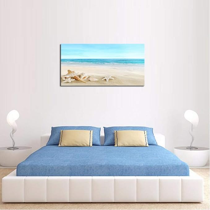 DZL Art S73975 Beach Picture Decor Ocean Painting Canvas Wall Art Prints of Starfish and Seashell on Sandy Seaside Ready to Hang for Living Room Bedroom Office Wall Decor Home Decoration-Ruum Studio Home