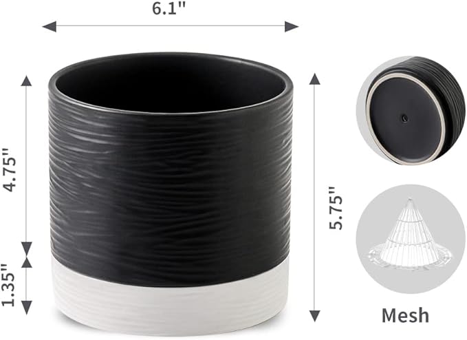 Nihow Ceramic Plant Pot: 6 Inch Planter with Drainage Hole & Saucer for Indoor & Outdoor Plants - Cylinder Round Flower Pot for Succulent/Herbs/Violets - Black & White-Ruum Studio Home
