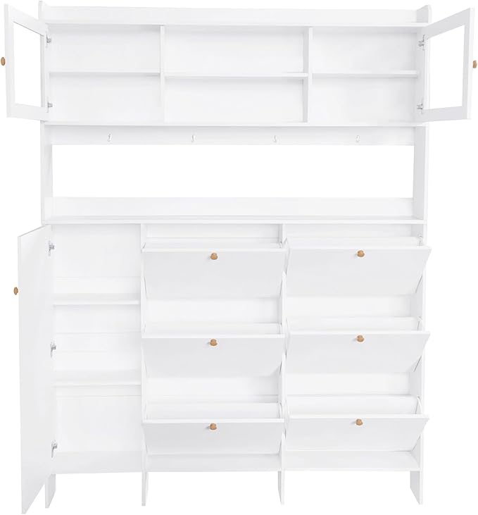 Ball & Cast Tipping Bucket 3-Tier Shoe Cabinet with 6 Flip Drawers and Storage Shelf,Entryway Hall Tree with Tempered Glass Doors and 4 Hooks,for Hallway,Mudroom,Living Room,White-Ruum Studio Home
