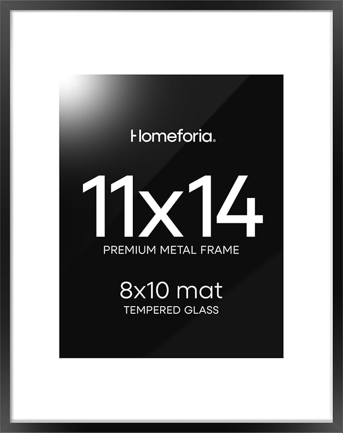 Homeforia Black 11x14 Picture Frame, High End Metal 11x14 Poster Frames with Mat 8x10, 11 x 14 Black Frame Matted to 8 x 10 inch Photo, 11 by 14 Thin Hanging Frames, Tempered Glass, Wall Kit, Set of 1-Ruum Studio Home