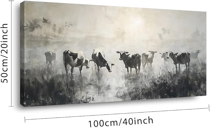 LASMOND Black and White Cow Wall Art for Living Room Ink Wash Canvas Painting Prints Morning Cattle Vintage Country Farmhouse Artwork Bedroom Office Decor (40x20 Inches)-Ruum Studio Home