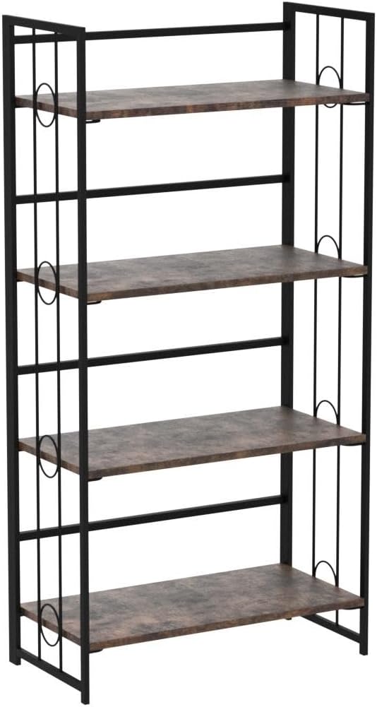 4NM No Assembly 4 Tiers Folding Bookshelf, 47.2" H Foldable Storage Shelves Vintage Bookcase Standing Racks Study Organizer Home Office - Rustic Brown Black-Ruum Studio Home