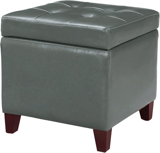 Adeco Bonded Leather Square Tufted Cubic Cube Footstool, 18" Height Storage Ottomans, with Lid, Cement Grey-Ruum Studio Home
