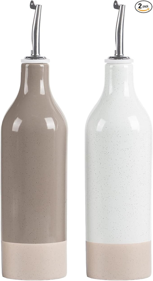 famiware Milkyway 16oz Ceramic Olive Oil Dispenser Bottle, Olive Oil and Vinegar Dispenser Bottle Set of 2 with Stainless Steel Pourers, Suitable for Storage Vinegar, Liquids, White and Cinnamon Brown-Ruum Studio Home
