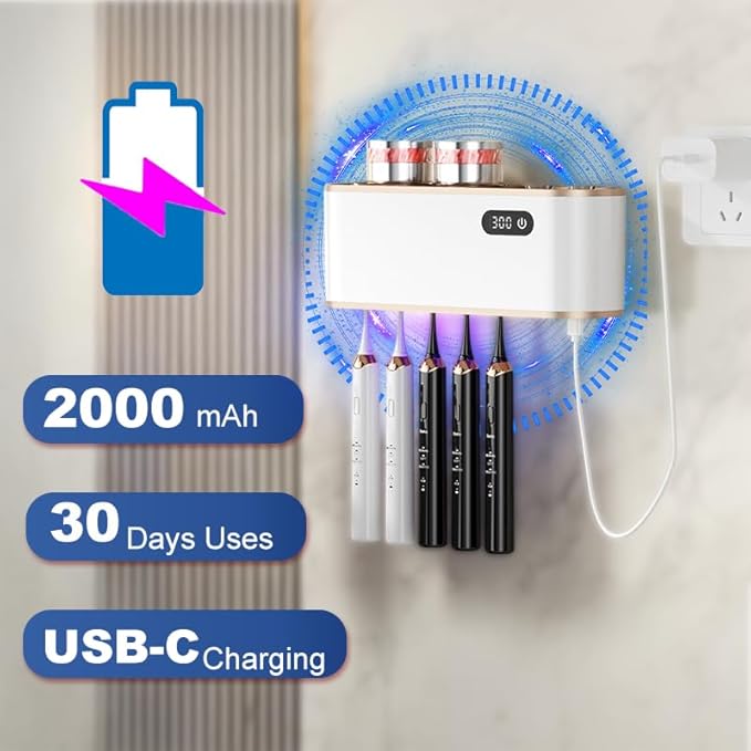 UV Toothbrush Sanitizer Holder for 4 | Wall Mounted Toothbrush Holder for Bathroom with Fan Drying | USB Rechargeable Toothbrush Cleaner & Sterilizer, No Drill Install, Modern Design (White Ⅱ)-Ruum Studio Home