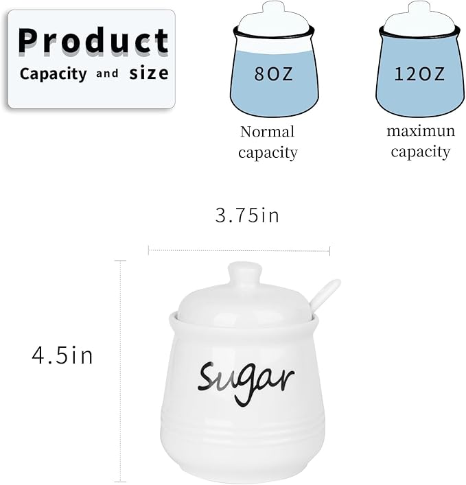HAOTOP 12oz Sugar Bowl with Lid and Spoon,Ceramic Sugar Jar Sugar Dispenser Sugar Container Coffee Bar Accessories, Kitchen Countertop Canisters, White-Ruum Studio Home