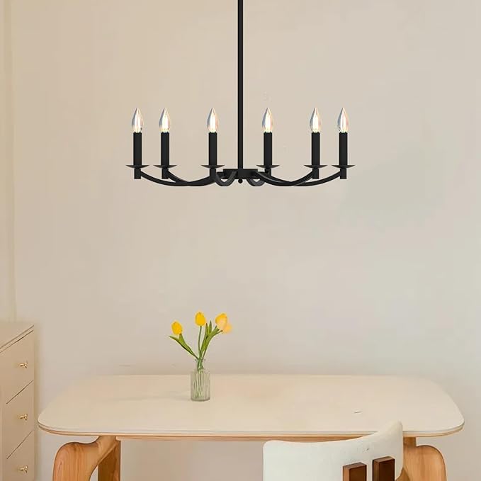 Modern Black Chandelier, Round LED Ceiling Hanging Lamp, Farmhouse Candle Pendant Light Fixtures for Bedroom Living Room Dining Room Kitchen Island (Black-A 6Lights)-Ruum Studio Home