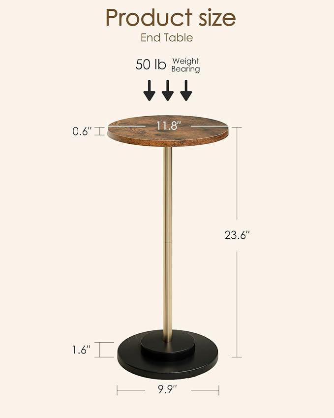 Masupu Drink Table, Round Side Table for Small Spaces, Pedestal Small End Table with Metal Base, for Living Room, Bedroom, Bathroom, Rustic Brown-Ruum Studio Home