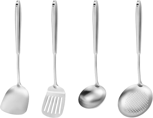 15" Wok Spatula and Ladle,Skimmer Spoon, Slotted Turner Spatula,304 Stainlss Steel Matte Kitchen Utensils Set,4PCS Wok Accessories,Cooking Utensils Tools-Ruum Studio Home