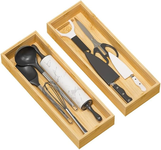 Kitchen Drawer Organizer Tray, Stackable Bamboo Deep Drawer Organizer for Large Silverware, Utensils, Cutlery, Flatware,Junk Drawer, Dresser, Bathroom, 17" x 6" x 2.5" (Set of 2)-Ruum Studio Home
