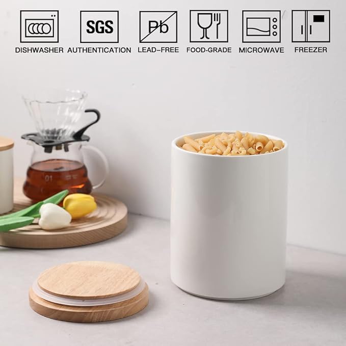 Sweejar Kitchen Canisters Ceramic Food Storage Jar, Stackable Containers with Airtight Seal Wooden Lid for Serving Coffee Bean, Flour, Tea, Cookies and More - 73 Fl Oz(White)-Ruum Studio Home