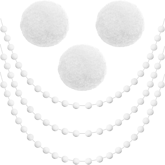 Jishi 3pk White Felt Pom Pom Garland Christmas Tree Decorations Indoor Home Decor, Cute Winter Wonderland Snow Ball Ornaments, Hanging String Pompom Snowball Beads, Xmas Holiday Birthday Party Banners-Ruum Studio Home