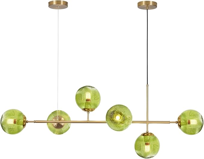 KCO Lighting 6 Green Glass Pendant Lights Kitchen Island Mid Century Modern Globe Sputnik Chandelier Brushed Gold Linear Island Light Fixture for Dining Room-Ruum Studio Home