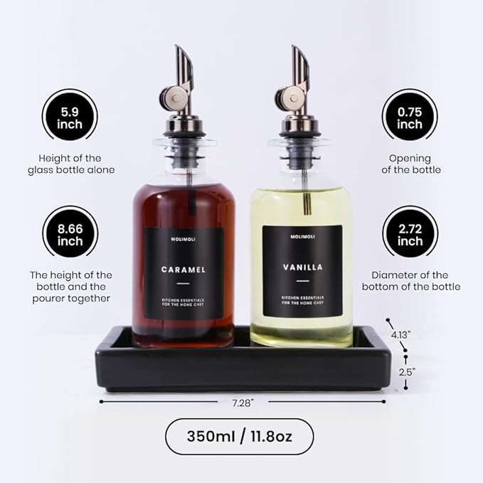 Molimoli Oil and Vinegar Dispenser with Metal Pour Spout, Weighted Pourer, Glass Bottle Dispenser for Kitchen w. Ceramic Tray|Black, 350ml, Set of 2-Ruum Studio Home