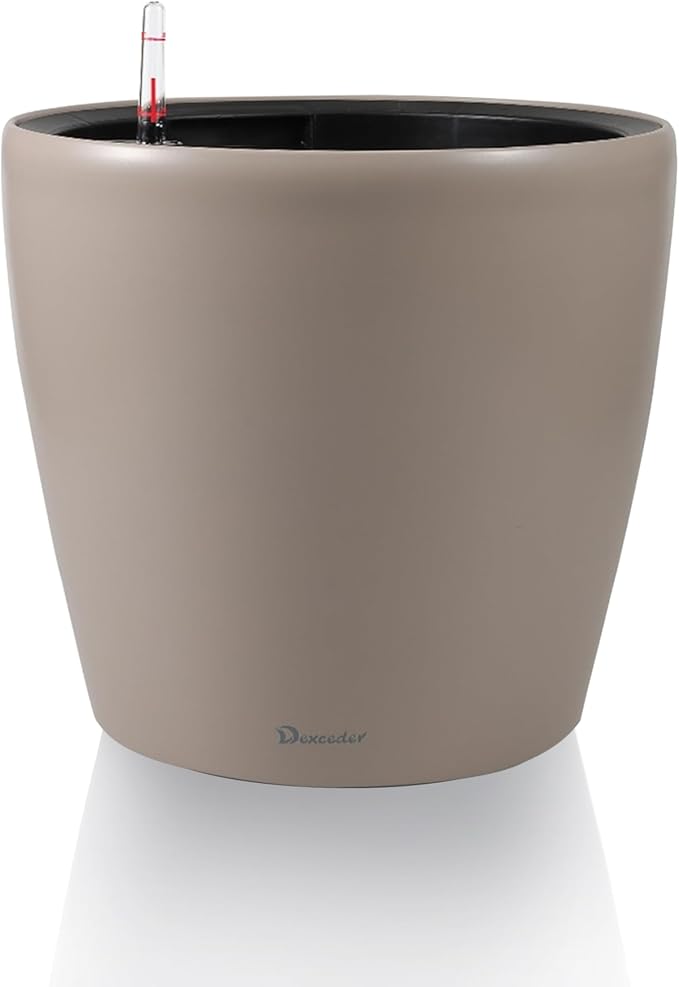 Dexceder 11x10 Inches Self Watering Planter Indoor Outdoor, Inner Pot Design, Thickened Table Flower Plant Pot with Water Level Indicator (Taupe Matte)-Ruum Studio Home