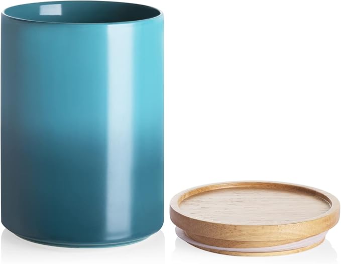 Sweejar Ceramic Food Storage Jar, Stackable Kitchen Canisters, Containers with Airtight Seal Wooden Lid for Serving Ground Coffee, Tea, Sugar, Salt and More - 28 Fl Oz (Gradient Blue)-Ruum Studio Home