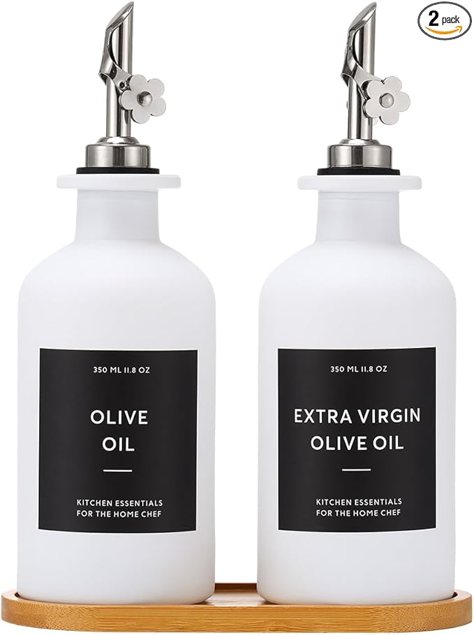 HOMCDALY Olive Oil Dispenser for Kitchen, 11.8oz Glass kitchen Dispenser Bottle, White Oil&Vinegar Cruet Set, Leakproof Oil Bottle for Cooking| Set of 2 (11.8oz – White)-Ruum Studio Home