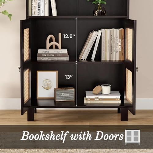 Tall Bookshelf, 5-Tier Book Shelf with 2 Rattan Doors, Freestanding Bookcase Display Shelves with Large Storage, Book Case for Living Room, Office, Study, Bedroom, 70.9 Inch-Ruum Studio Home