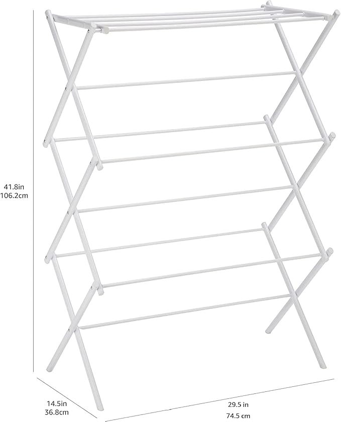 Amazon Basics Foldable Portable Laundry Rack for Air Drying Clothing, Indoor Outdoor Use - 14.5" D x 29.5" W x 41.8" H, White-Ruum Studio Home