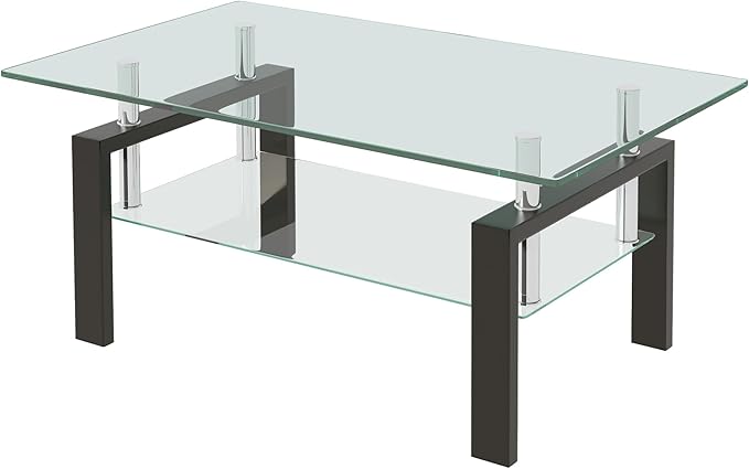 Glass Coffee Table Rectangle Living Room Center Table, with Tempered Glass Tabletop Black Metal Leg,for Living Room and Office (Dou-Clear Glass)-Ruum Studio Home