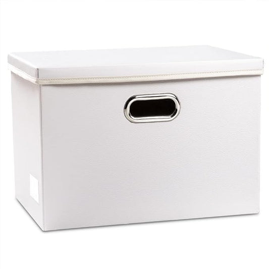 PRANDOM Large Collapsible Storage Box with Lid [1-Pack] Leather Fabric Foldable Storage Bin Organizer Container Basket Cube with Cover for Home Bedroom Closet Office Nursery White (17.7x11.8x11.8)-Ruum Studio Home