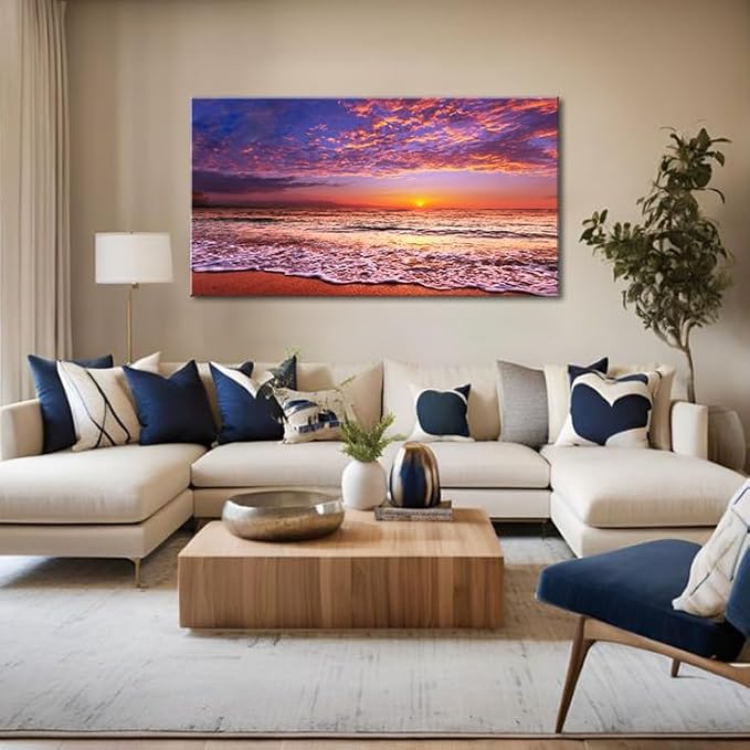 Beach Wall Art Sunset Canvas Pictures, Seascape Theme Art Wall Pictures, Coastal Ocean Wave Paintings,Modern Cloud Artwork for Bedroom Living Room Bathroom Home Office Decorations 20X40 Inches-Ruum Studio Home