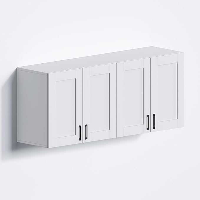 White Laundry Room Cabinets and Storage with 4 Doors and Utility Adjustable Shelf，Gabinetes Para Cocina Cupboard Kitchen Organizers and Storage Pantry Wall Mounted 12.4"D x 47.2"W x 19.7"H-Ruum Studio Home