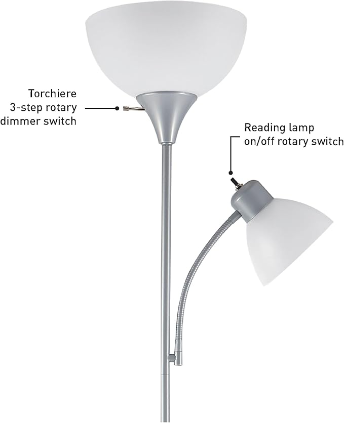 GLOBE Electric 67134 72" Torchiere Floor Lamp and Adjustable Reading Light, Silver, Frosted Shade, Dual Rotary Switch, 3-Step Dimming, Modern Lighting for Living Room or Office, Timeless-Ruum Studio Home