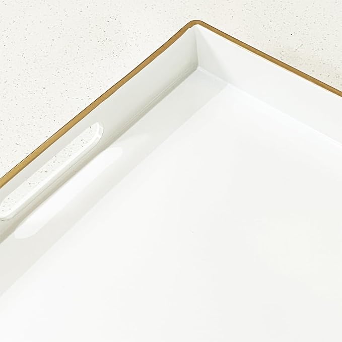 Large White Rectangular Decorative Tray – Plastic Serving Tray with Handles for Coffee Table, Ottoman, Living Room, 15.7” x 11.8” x 1.6-Ruum Studio Home