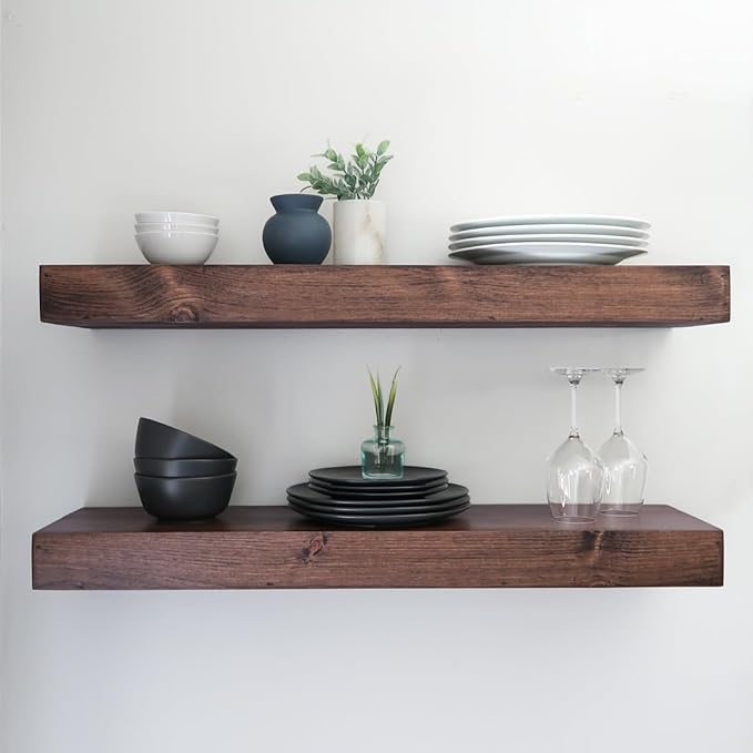 Modern Floating Shelves 3 Inches Thick for Wall, Wide Shelves for Kitchen, Living Room, Bedroom, and Bathroom, Natural Pine Wood, Rustic Wooden Shelf, (Set of 2) (Provincial, 24Lx3Hx8D)